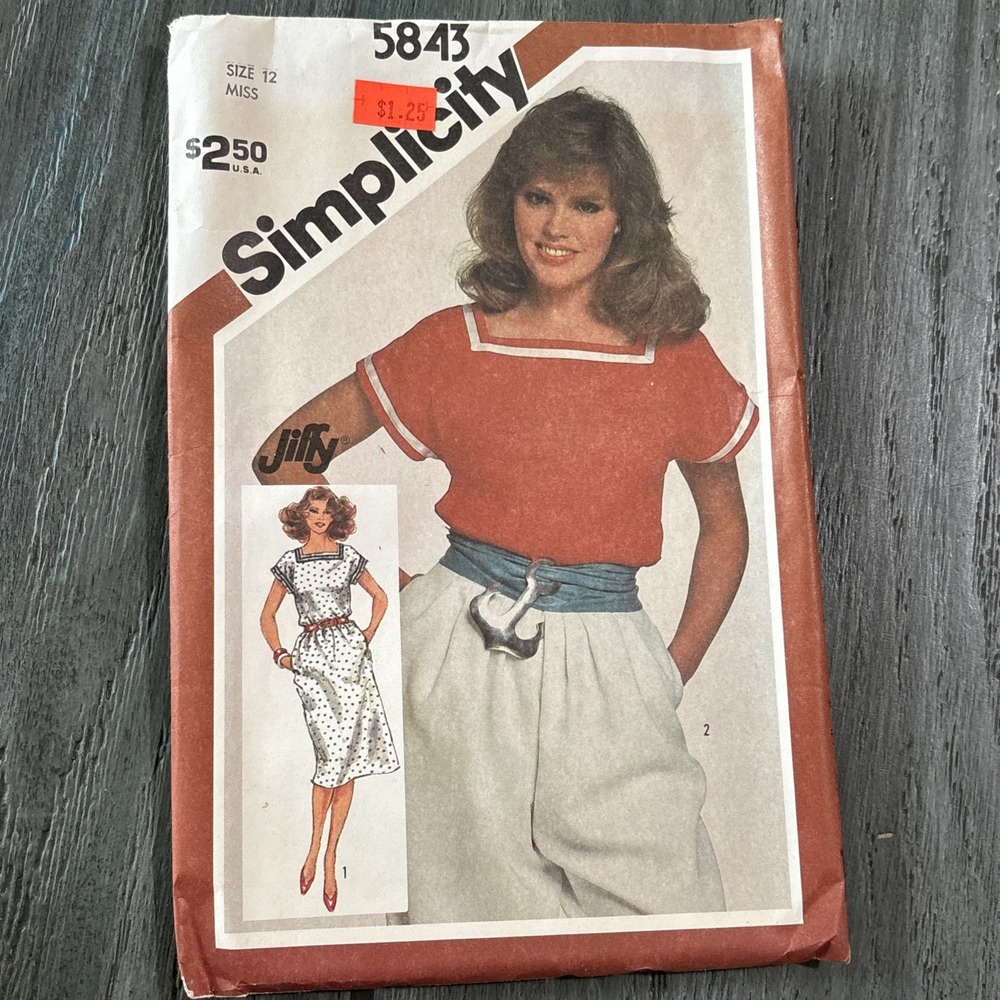 80s Jiffy Pullover Dress Top Pattern Sz 12 Simplicity 5843 Nautical Square Neck